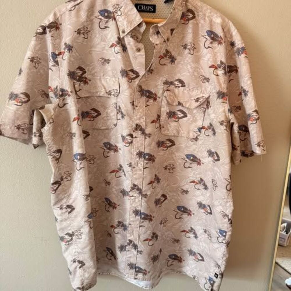 Chaps novelty print finish shirt men’s XXL fly fishing outdoor sports shirt